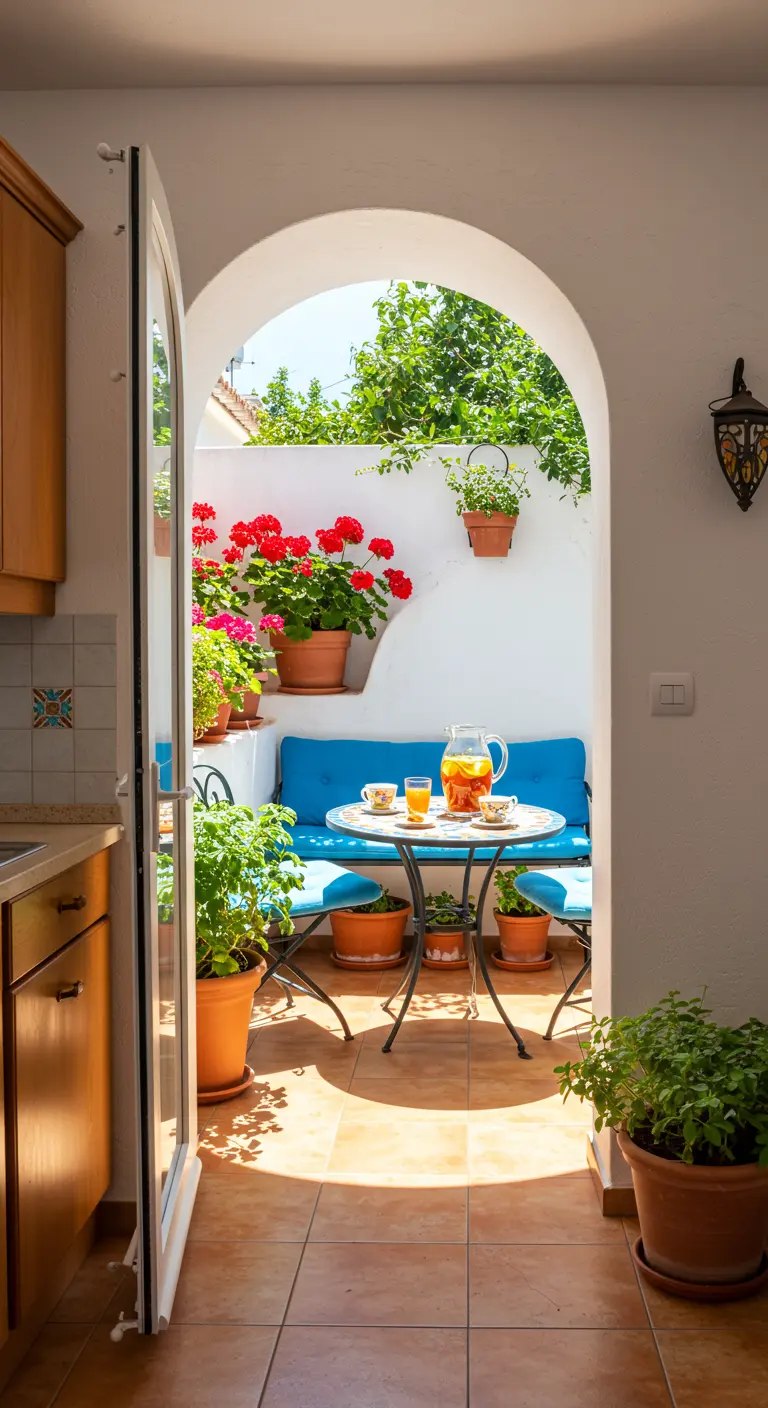 Theehoekje met doorkijk naar zonnige patio met blauwe bank en rode geraniums.