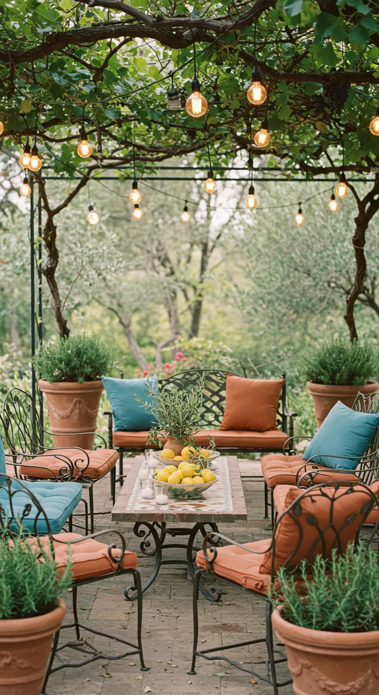 Mediterrane lounge met smeedijzeren meubels, terracotta potten en citroenen.