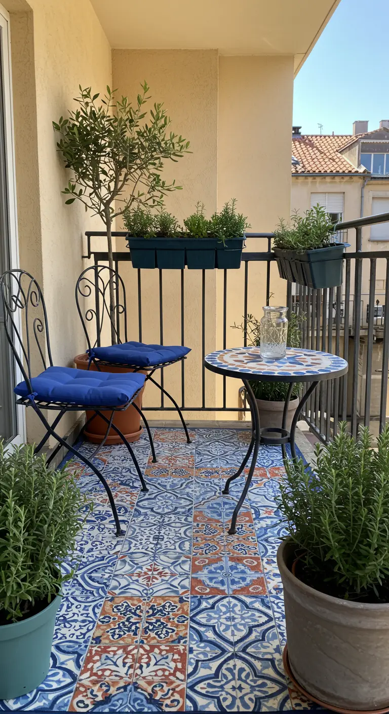 Balkon met blauw-wit Portugees tegelpatroon buitenkleed en kruiden.
