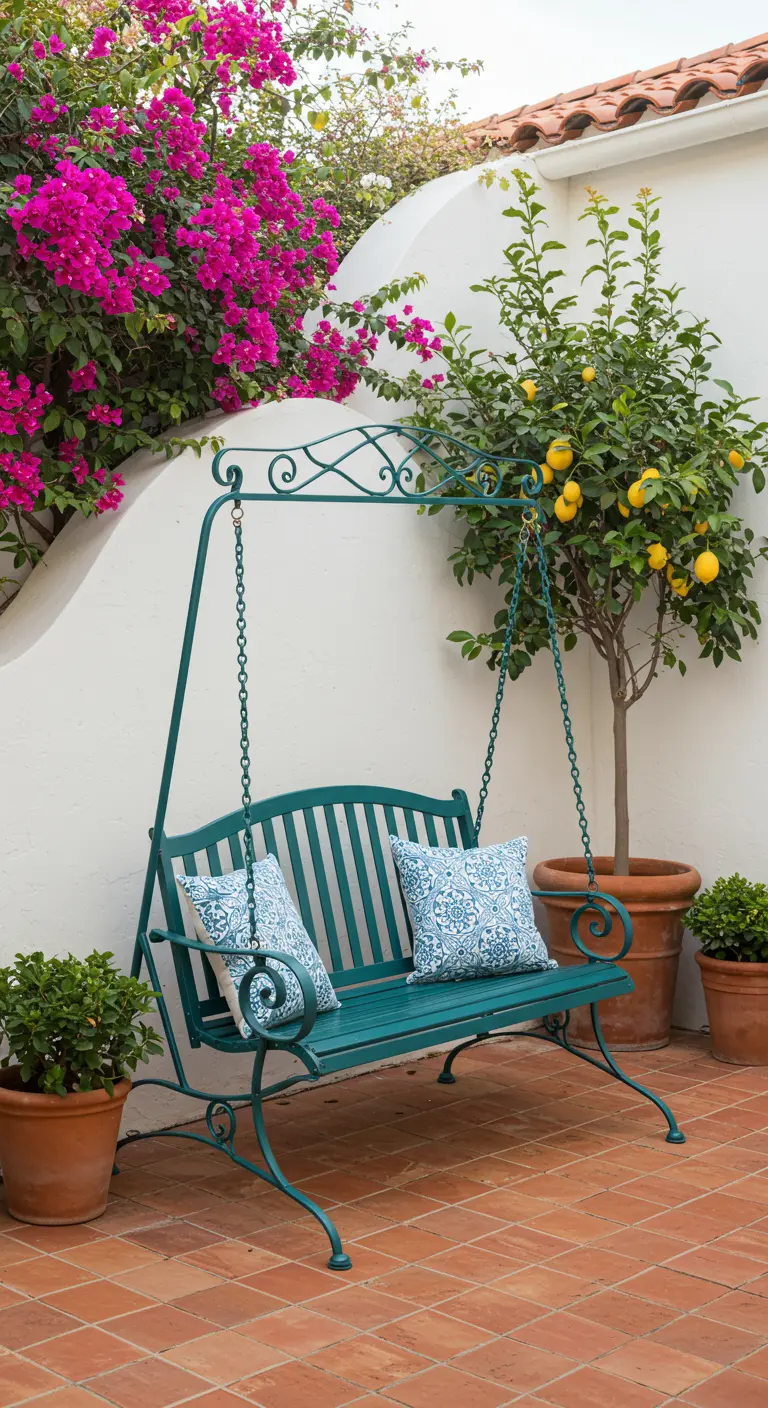 Turquoise metalen schommelbank met sierlijke krullen en blauw-witte kussens, naast bloeiende planten.