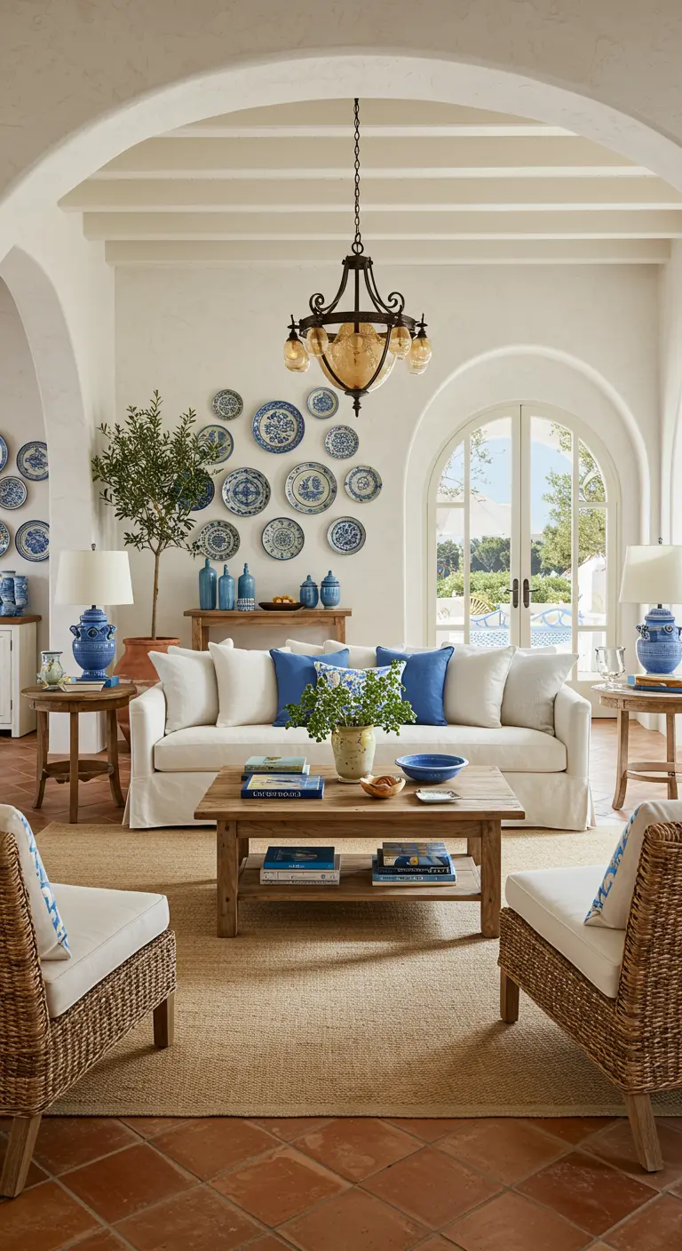 Mediterrane woonkamer met witte bank, blauw-witte accenten en terracotta vloer.