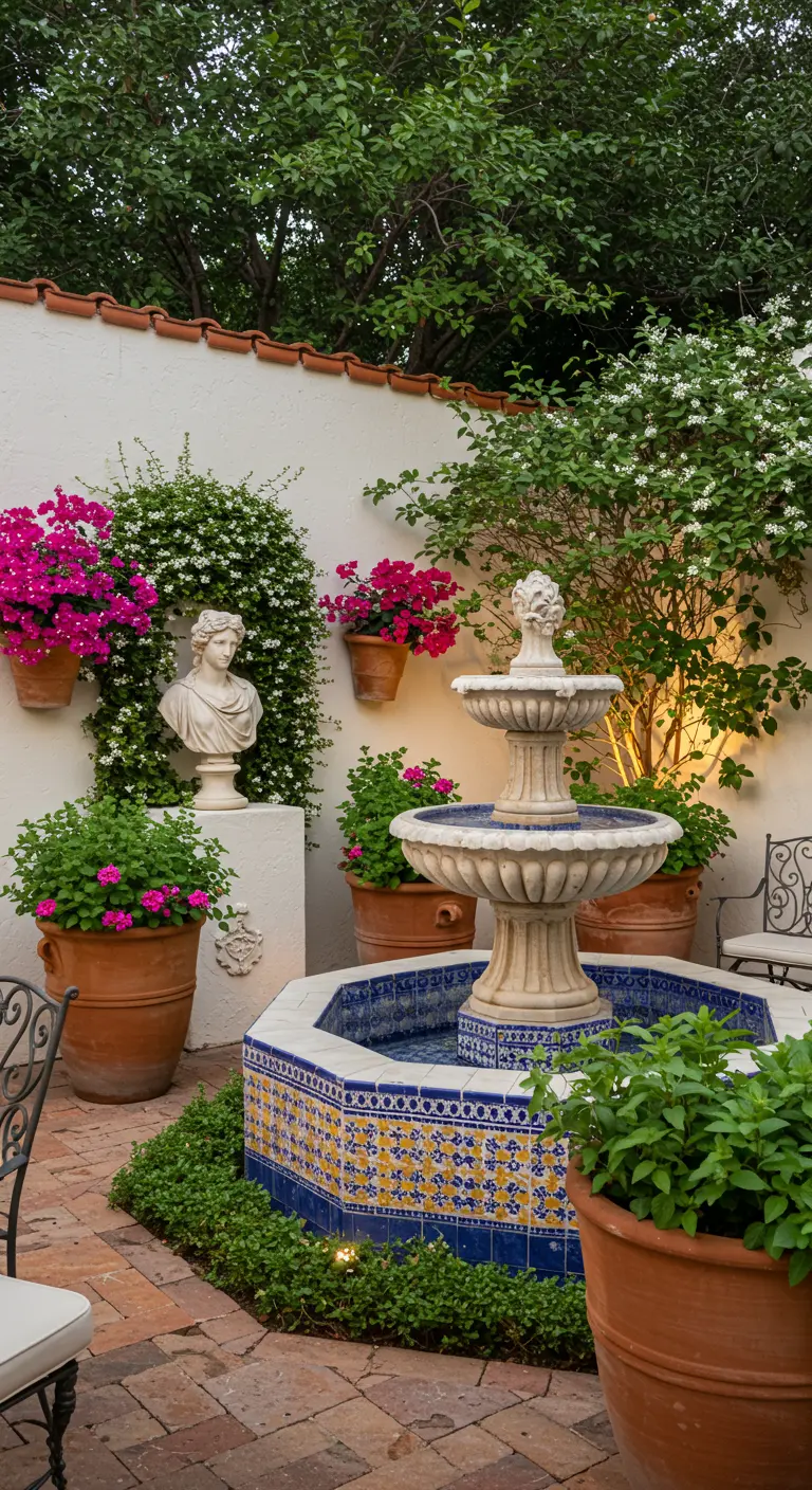 Mediterrane binnenplaats met klassieke fontein, buste, terracotta potten met roze bougainvillea.