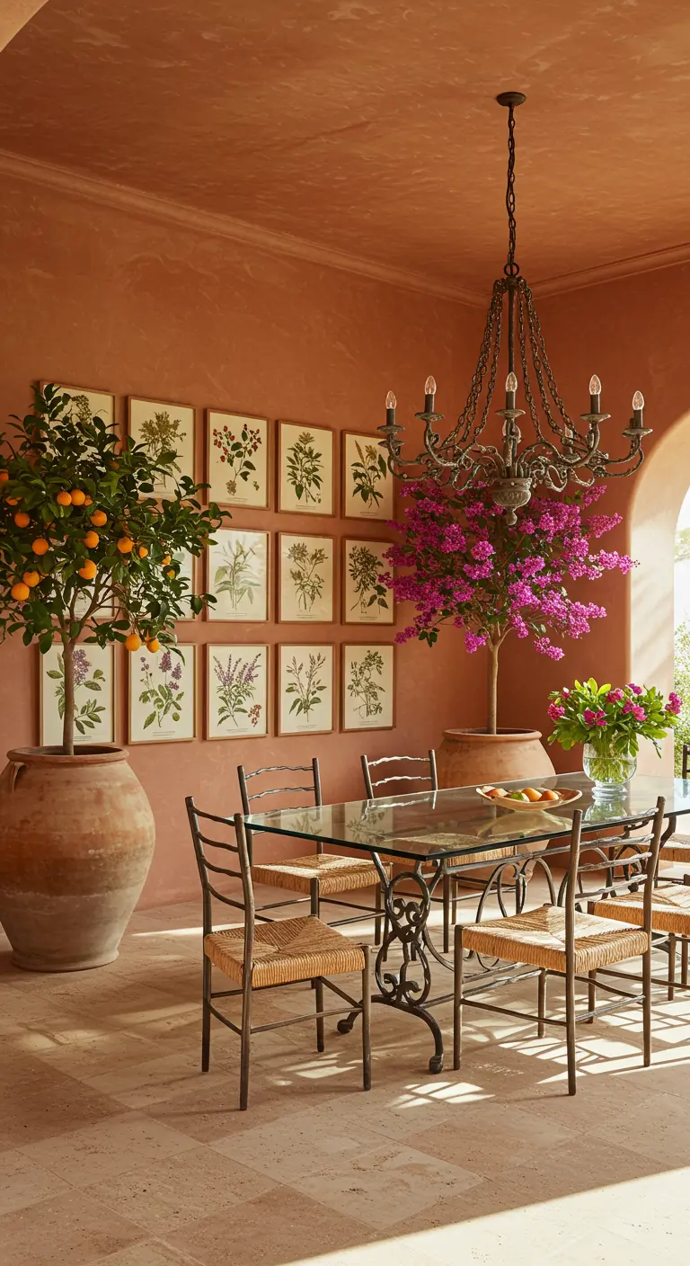 Mediterrane eetkamer met terracotta muren, glazen tafel, smeedijzeren stoelen, citrusbomen, bloeiende struiken en botanische prints.