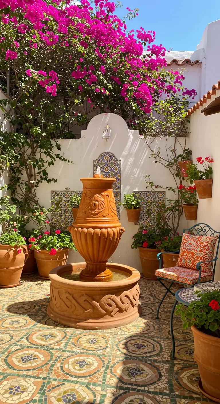 Mediterrane patio met terracotta fontein, kleurrijke tegels en bloeiende bougainvillea.