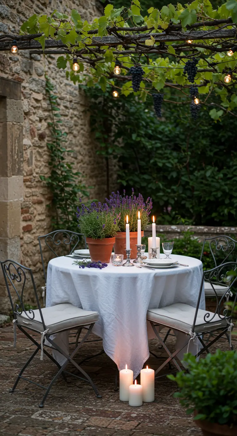 Ronde tafel met wit kleed, lavendel, kaarsen en lichtslingers in een mediterrane tuin.
