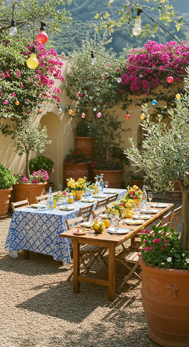 Mediterrane tuintafels met blauw-wit tafelkleed, gele bloemen en kleurrijke lampjes.