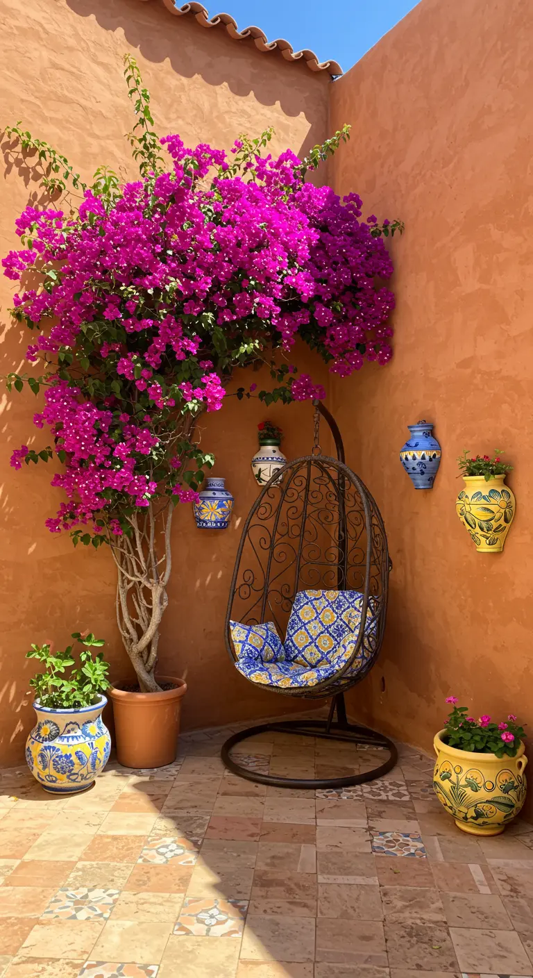 Metalen hangstoel bij een terracotta muur met bougainville en kleurrijke keramieken potten.