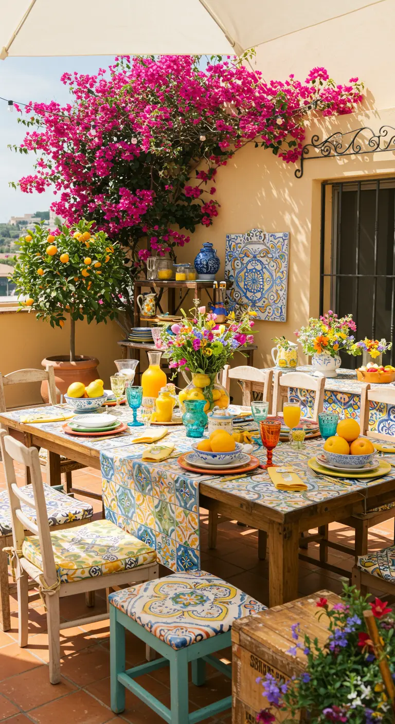 Kleurrijke mediterrane ontbijttafel met citrusvruchten, bloemen en tegelpatronen.