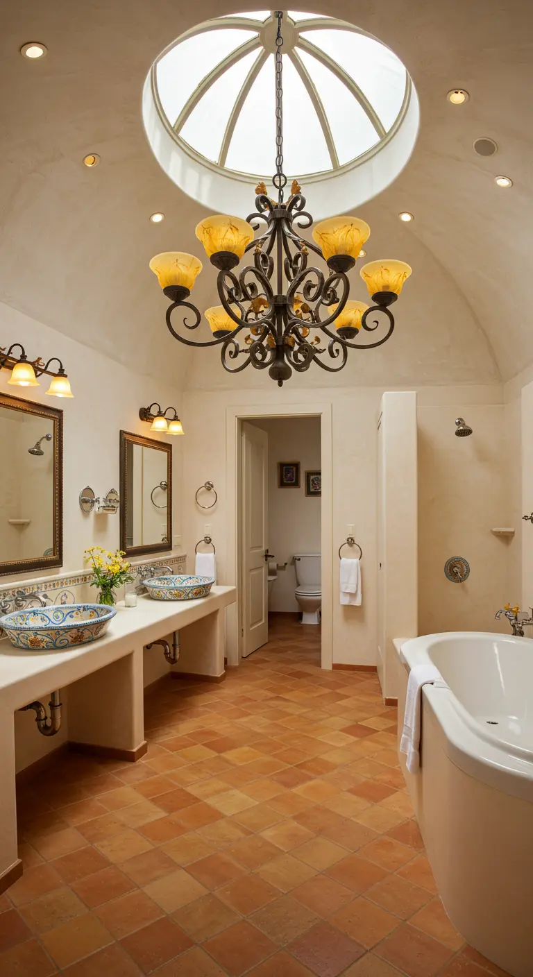 Mediterrane badkamer met een koepelvormig plafond, groot dakraam en een smeedijzeren kroonluchter.