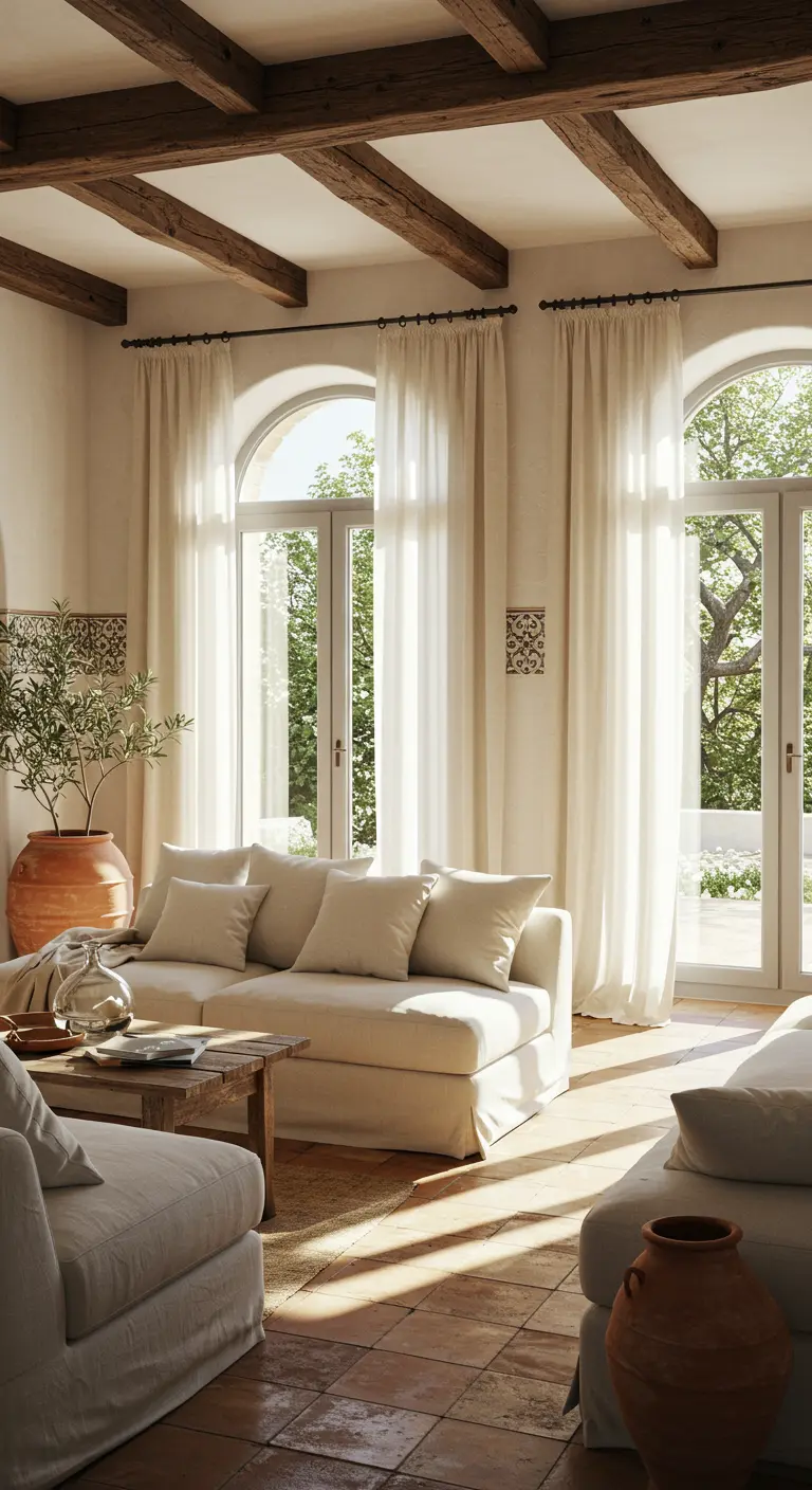 Mediterrane woonkamer met lichte, transparante gordijnen over hoge, gebogen deuren en terracotta vloer.