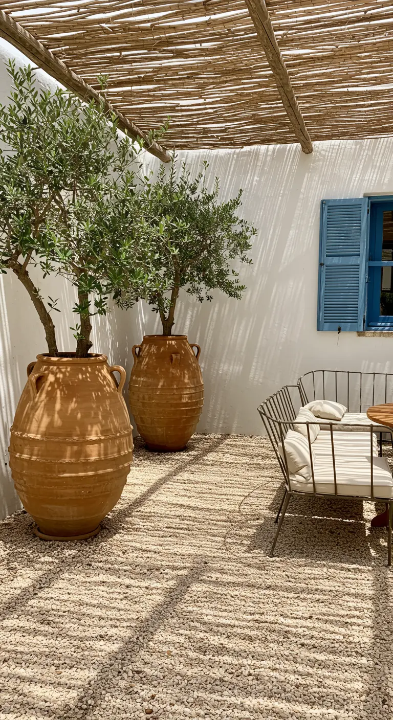 Zonnige mediterrane patio met grote terracotta potten met olijfbomen en een metalen bankje.