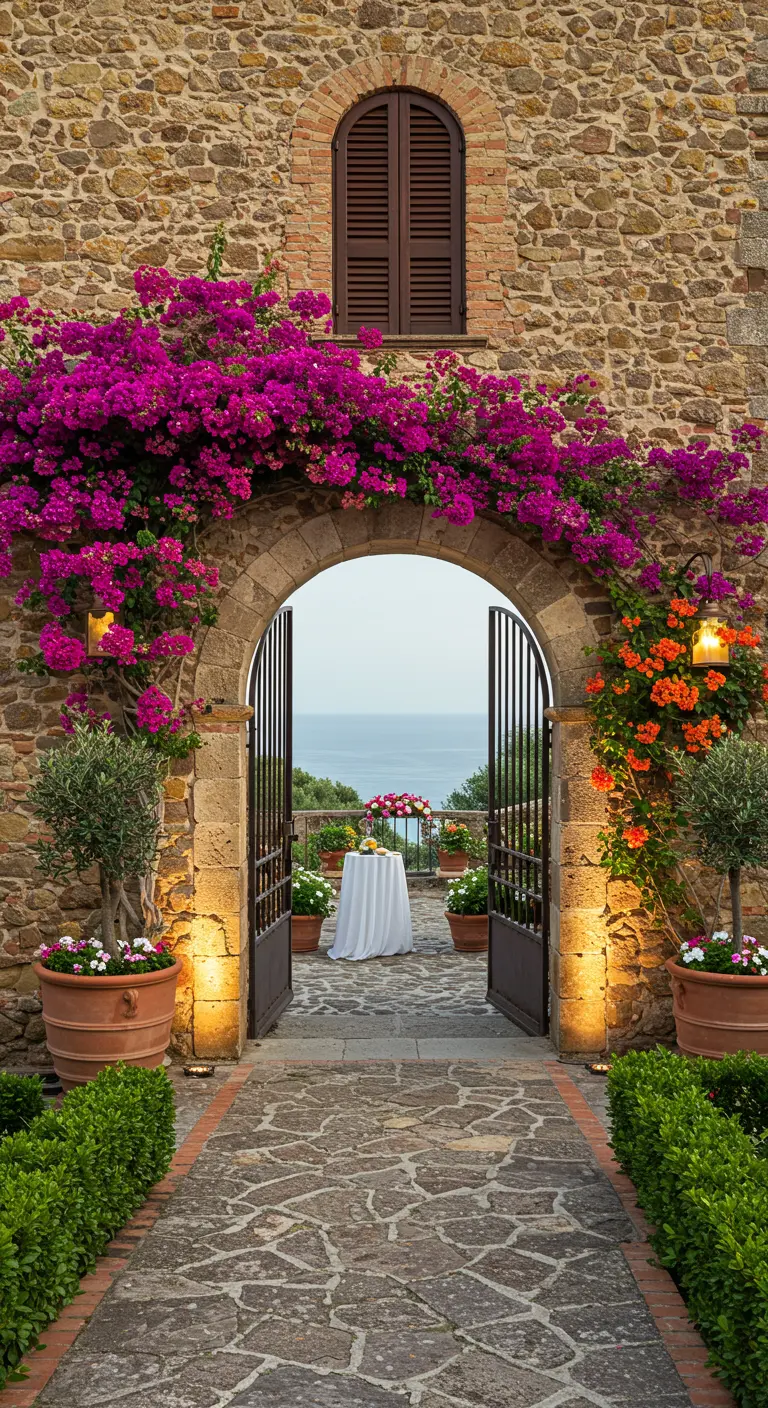 Stenen boog overgroeid met bougainvillea, zicht op zee, kleine tafel en olijfbomen.
