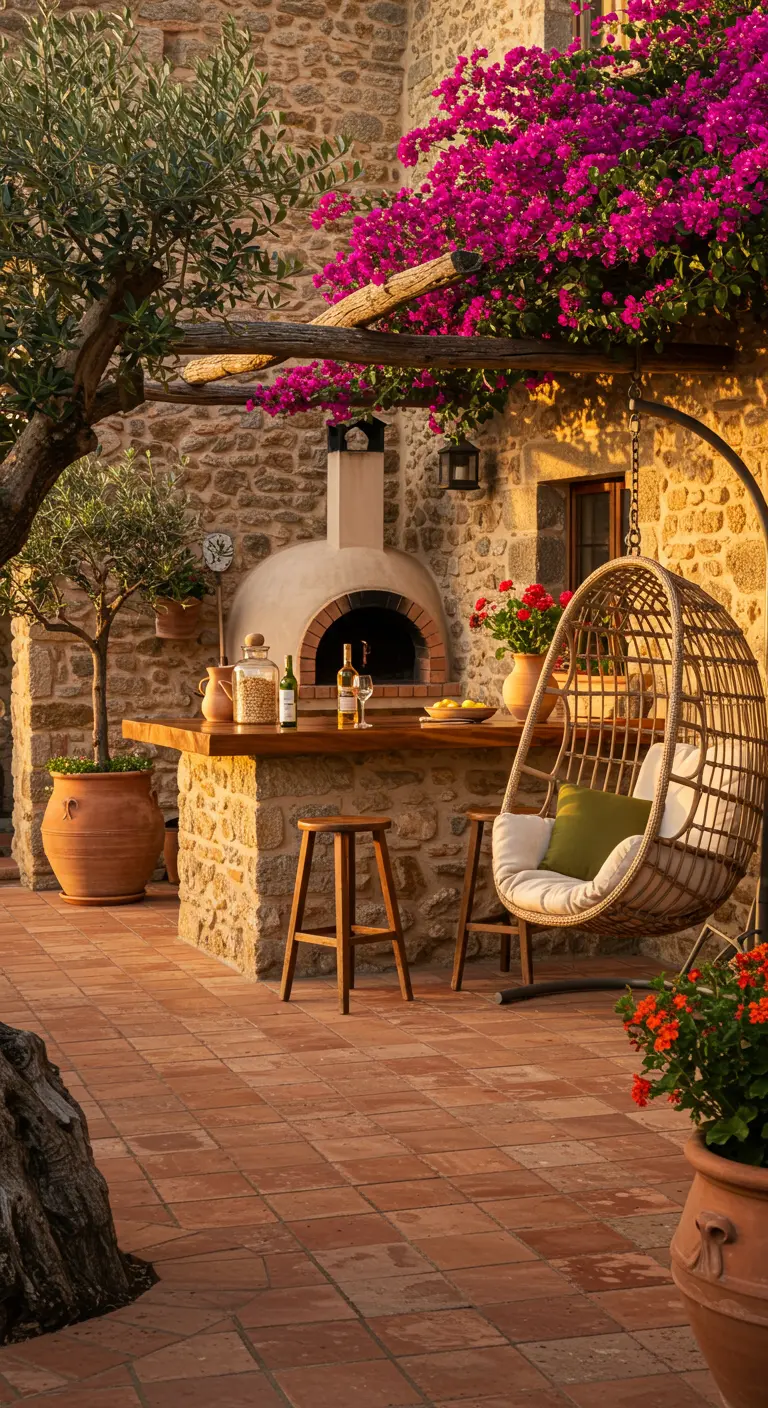 Mediterrane patio met stenen bar, pizzaoven en rieten hangstoel onder bougainvillea.