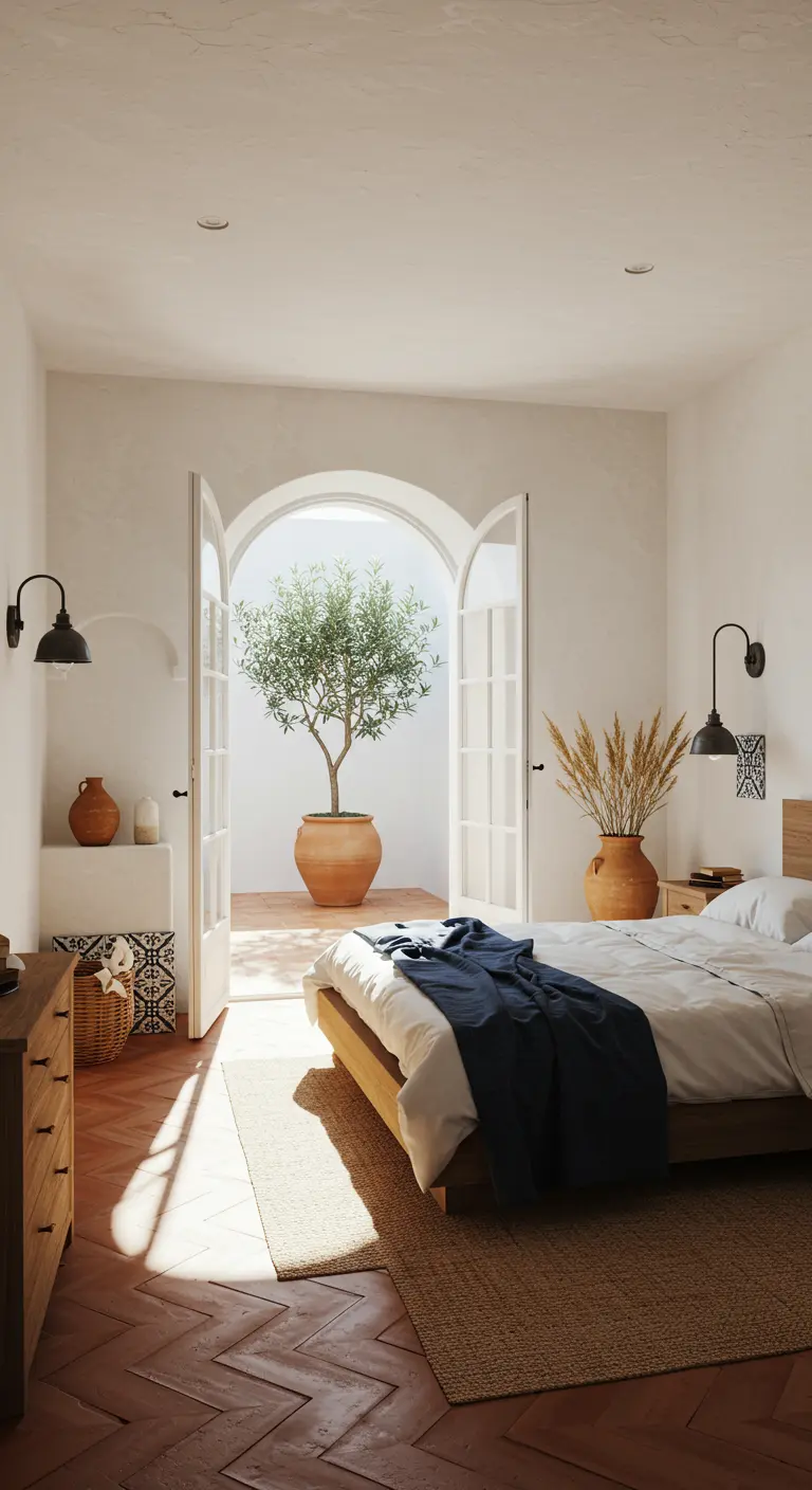 Mediterrane slaapkamer met witte muren, terracotta vloer en olijfboom.