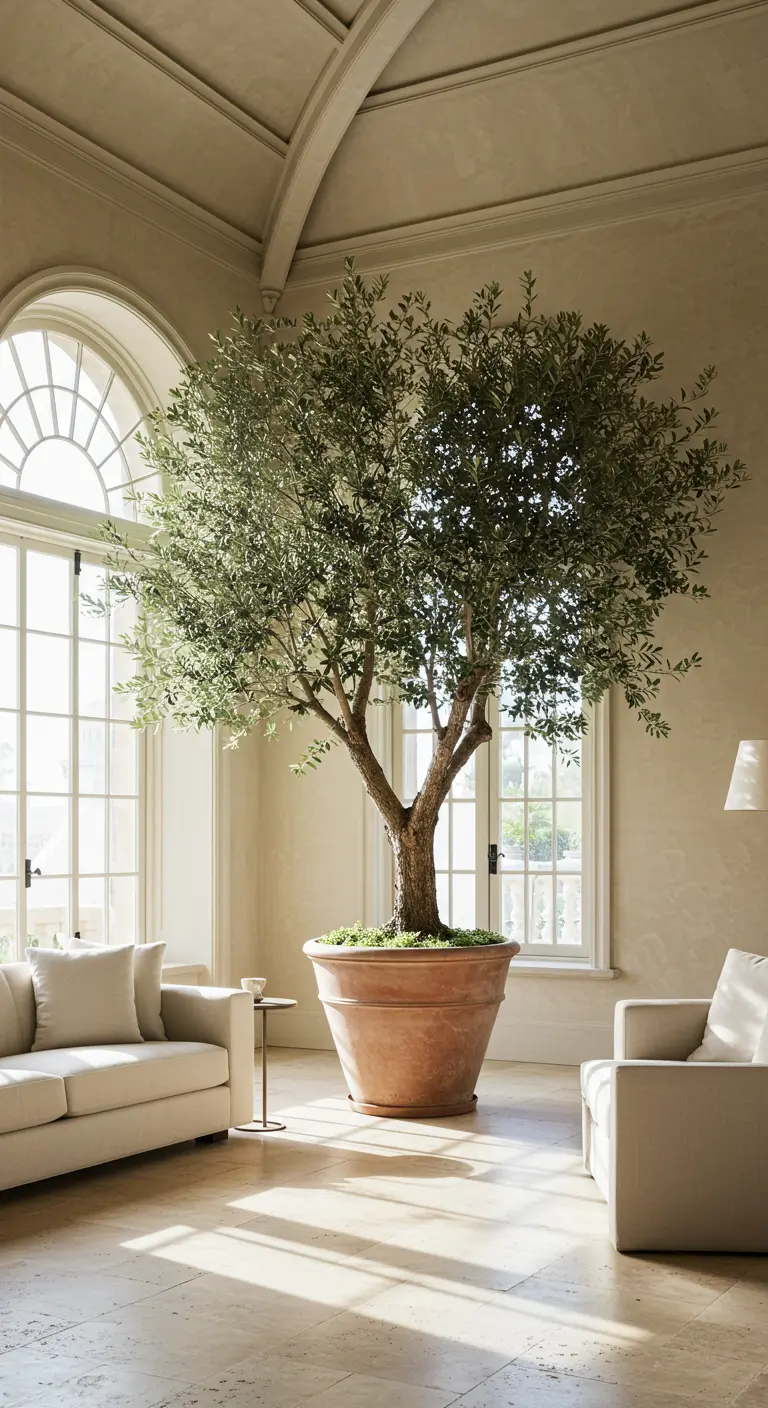 Grote olijfboom in een terracotta pot in een lichte, klassiek ingerichte kamer.