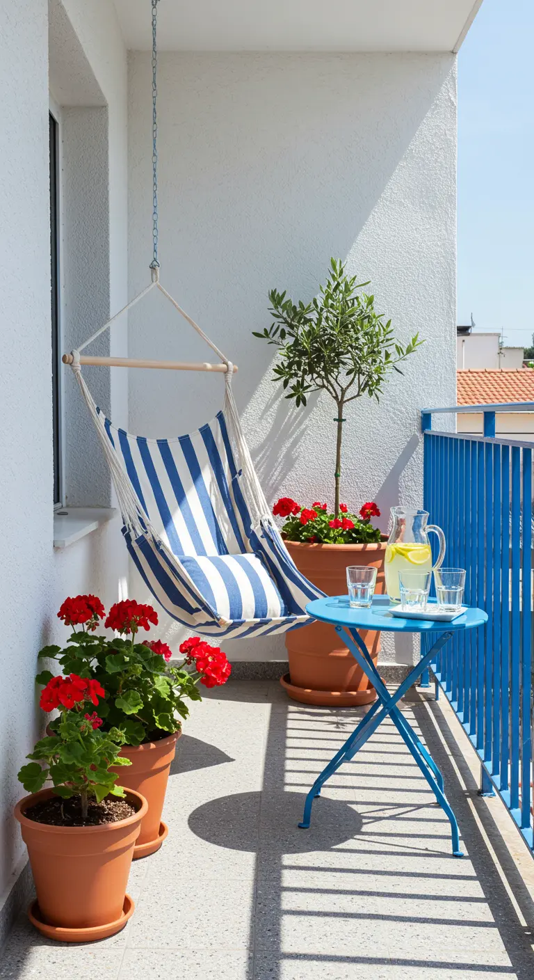 Balkon in mediterrane stijl met blauw-wit gestreepte hangstoel en rode geraniums.