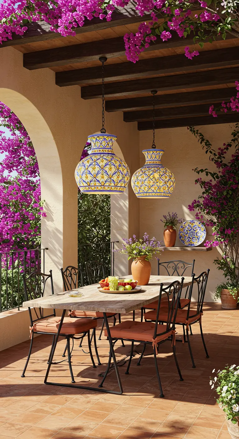 Twee kleurrijke keramische mozaïek hanglampen boven een eettafel op een mediterraan terras.