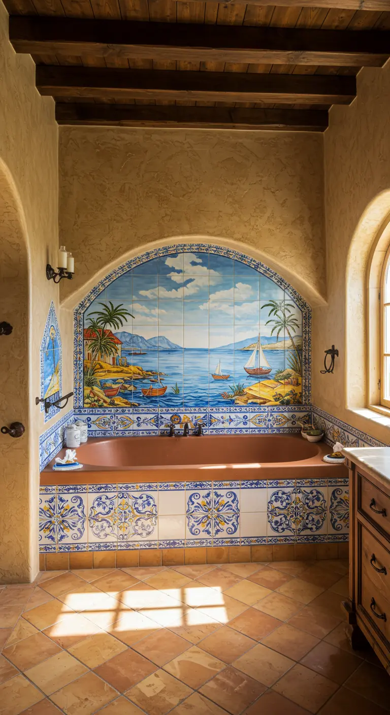 Mediterrane badkamer met een groot tegelmozaïek van een kustlandschap boven een terracotta bad.