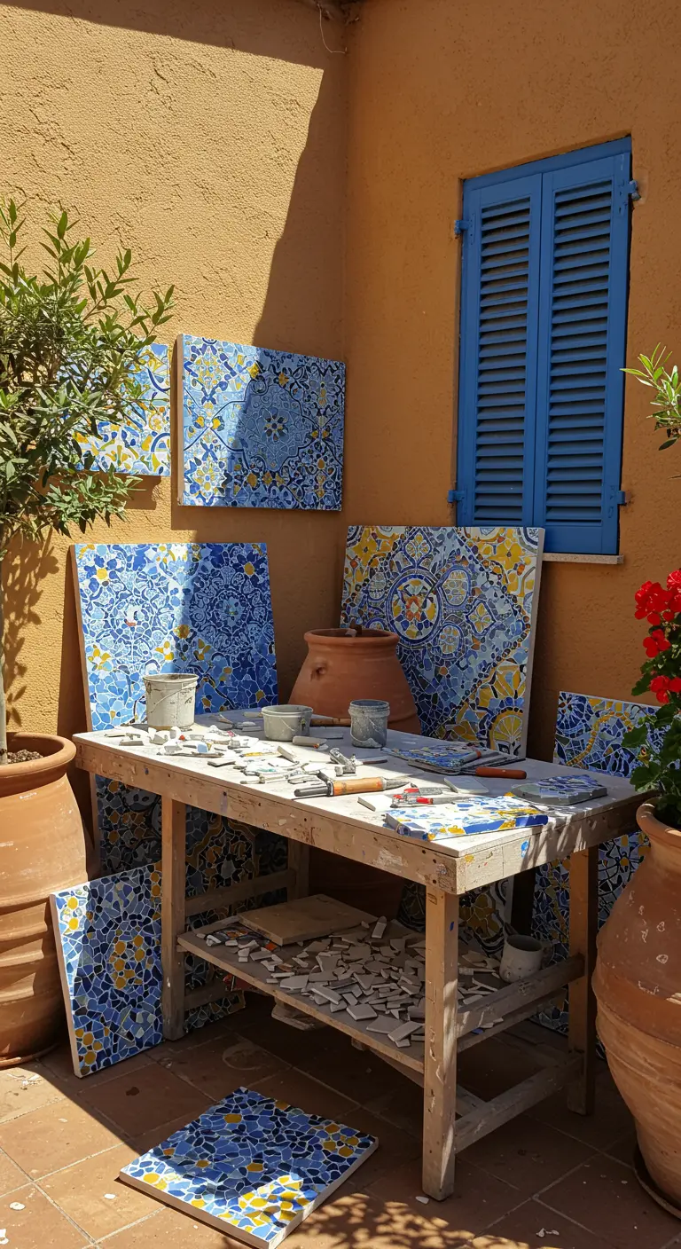 Zonnige buitenwerkplek voor mozaïek met houten tafel, kleurrijke tegels en terracotta potten.
