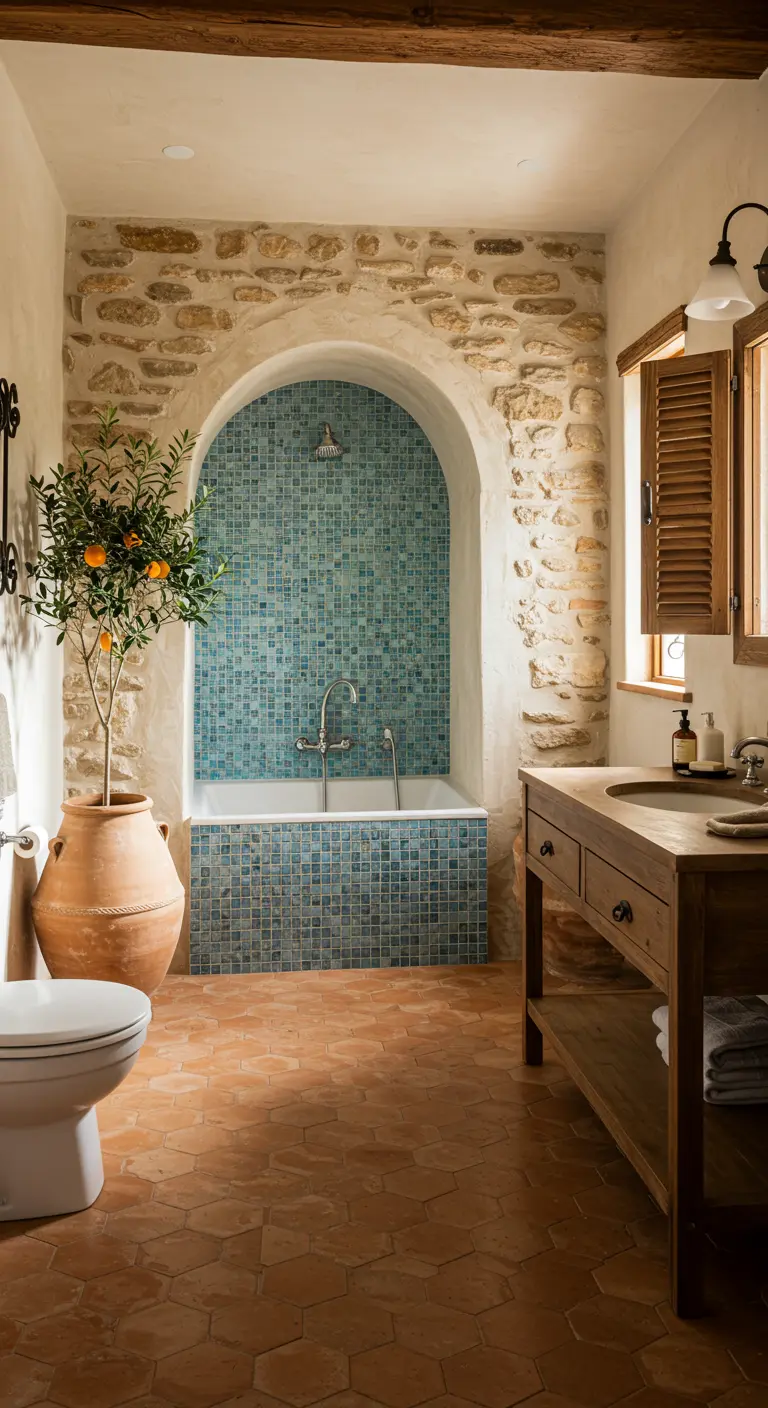 Mediterrane badkamer met mozaïek nis, natuurstenen muren en terracotta vloer.