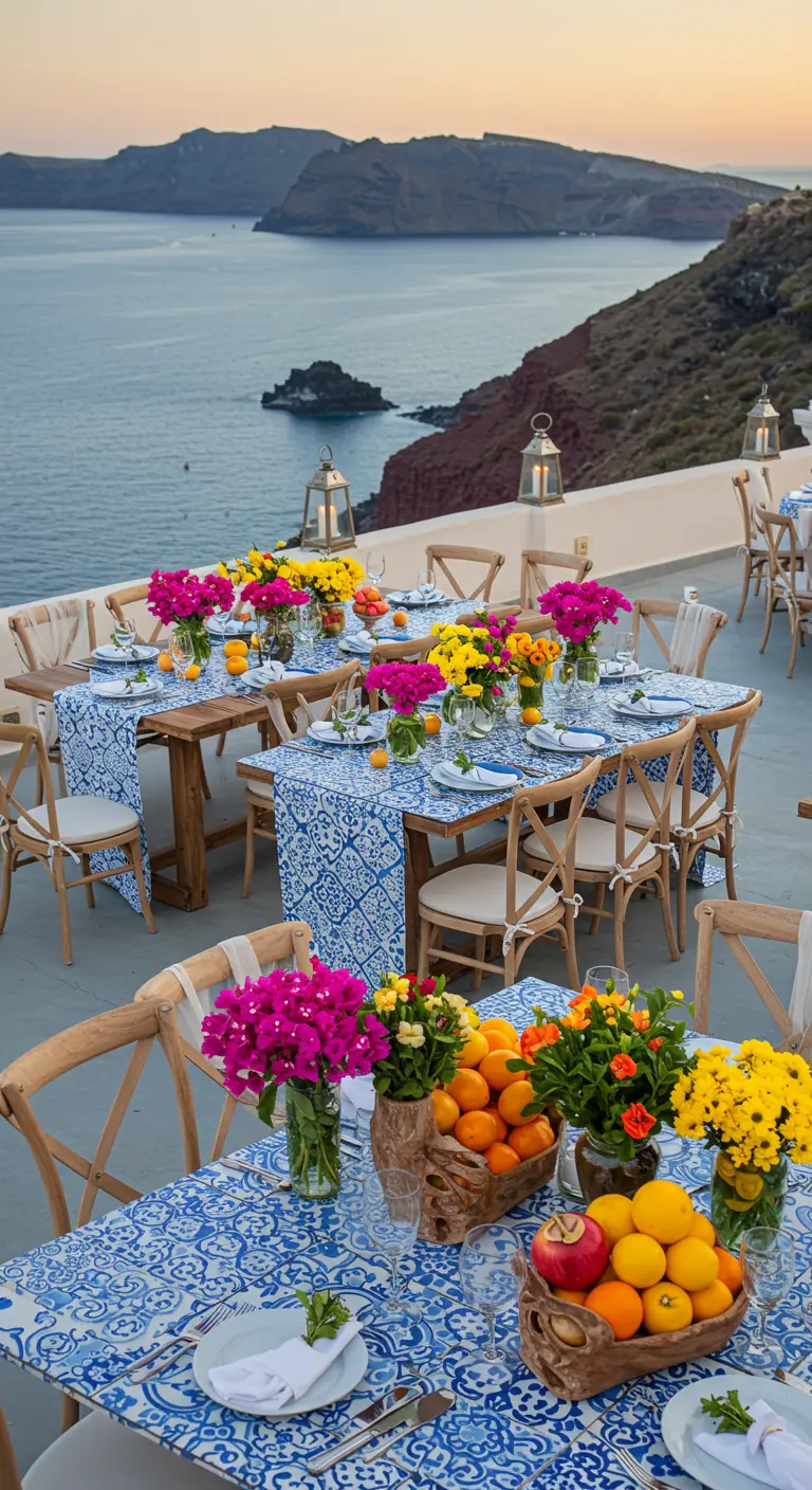 Tafels met uitzicht op zee, blauw-wit gedessineerde lopers, fuchsia bloemen en citrusvruchten.