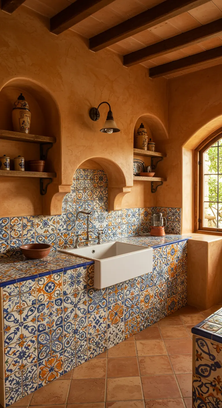 Mediterrane keuken met witte spoelbak en kleurrijke mozaïektegels op wand en werkblad.