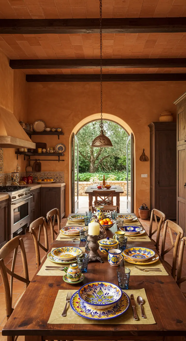 Mediterrane keuken met terracotta kleuren en kleurrijk handbeschilderd servies.