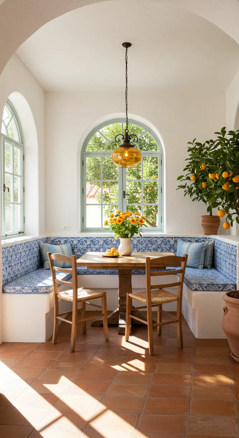 Mediterrane eethoek met witgekalkte muren, blauw-witte tegelbank en boogramen.