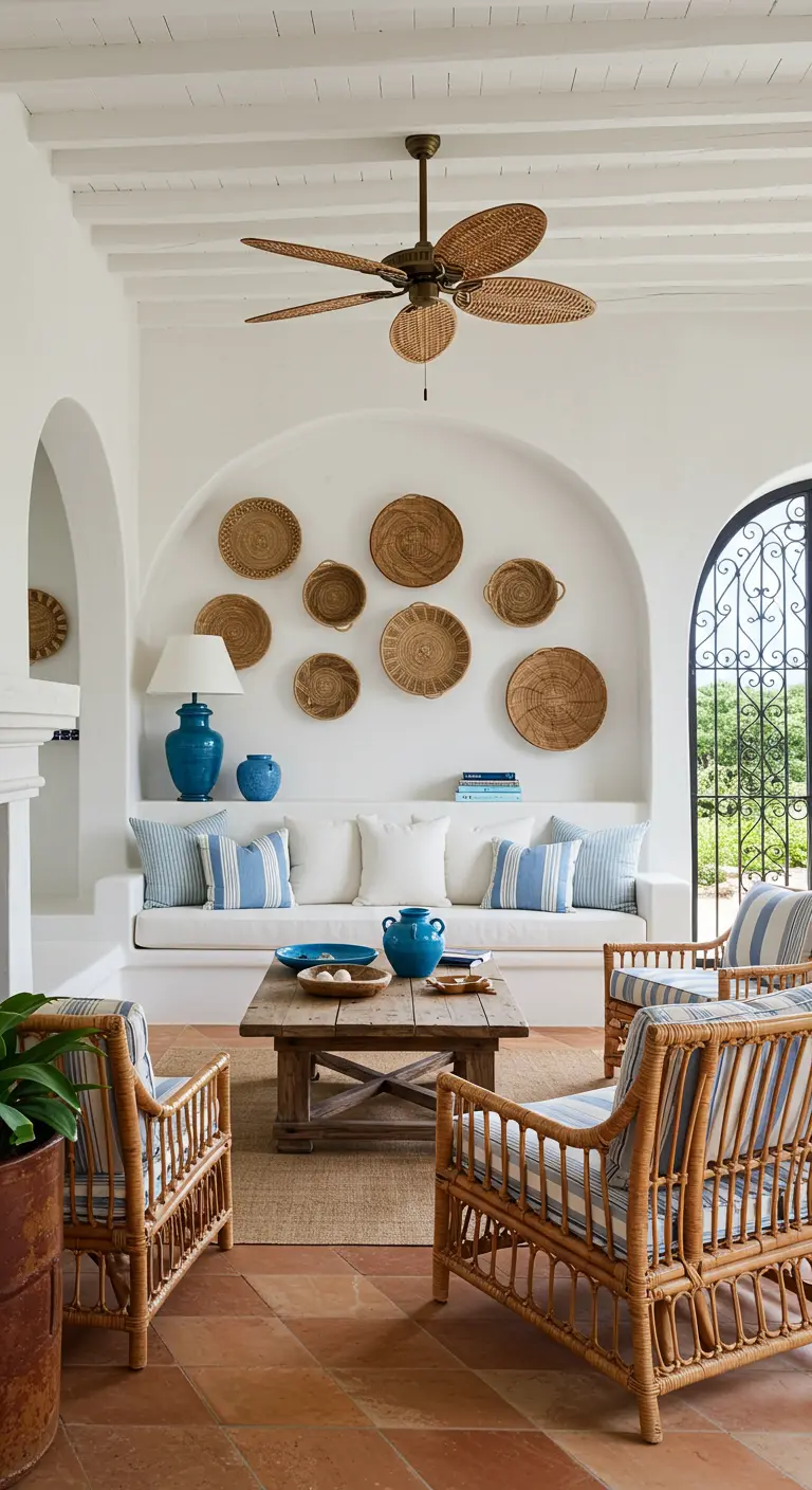 Witte mediterrane woonkamer met een collectie rotan schalen en manden aan de muur.