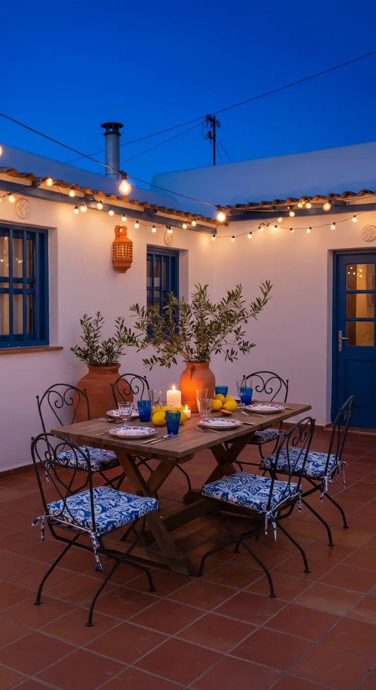Mediterrane patio met blauwe accenten, lichtsnoer en kaarsen.