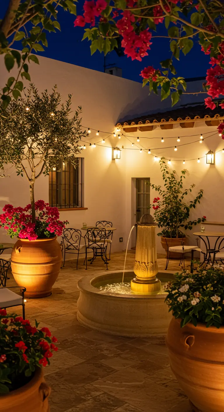 Mediterrane patio 's avonds met een fontein, prikkabels en verlichte potplanten.
