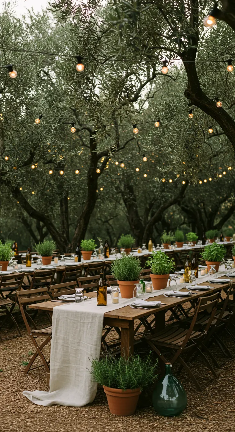 Olijfgaard diner met lange houten tafels, sfeerlichtjes, kruidenpotten en olijfolie.