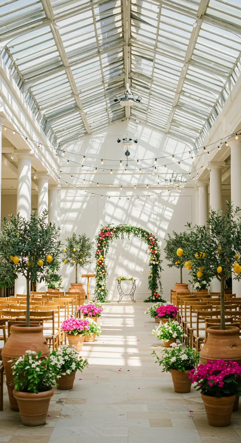 Lichte orangerie bruiloftceremonie met olijfbomen, citrus en roze bloemen.