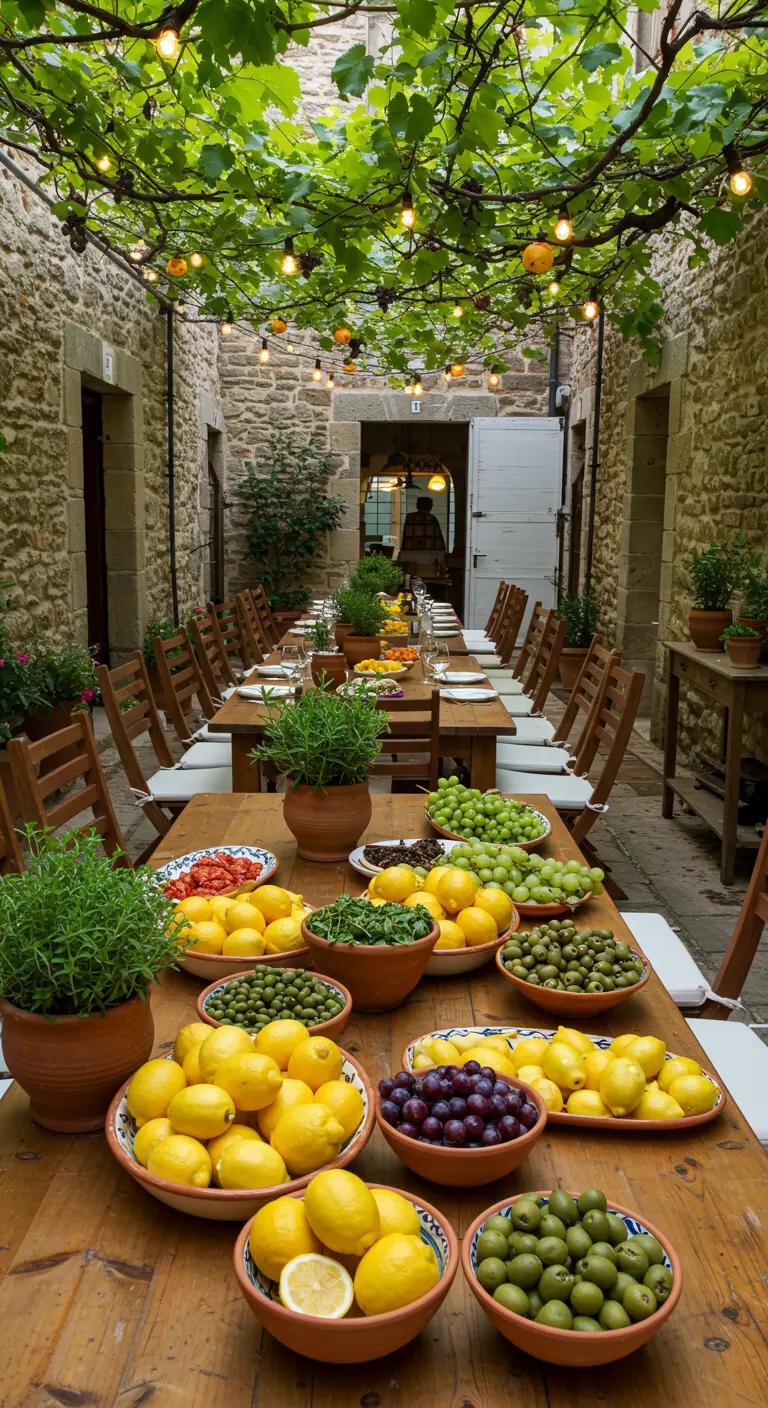Lange eettafel in mediterrane stijl met grote schalen fruit, olijven en kruidenplanten.