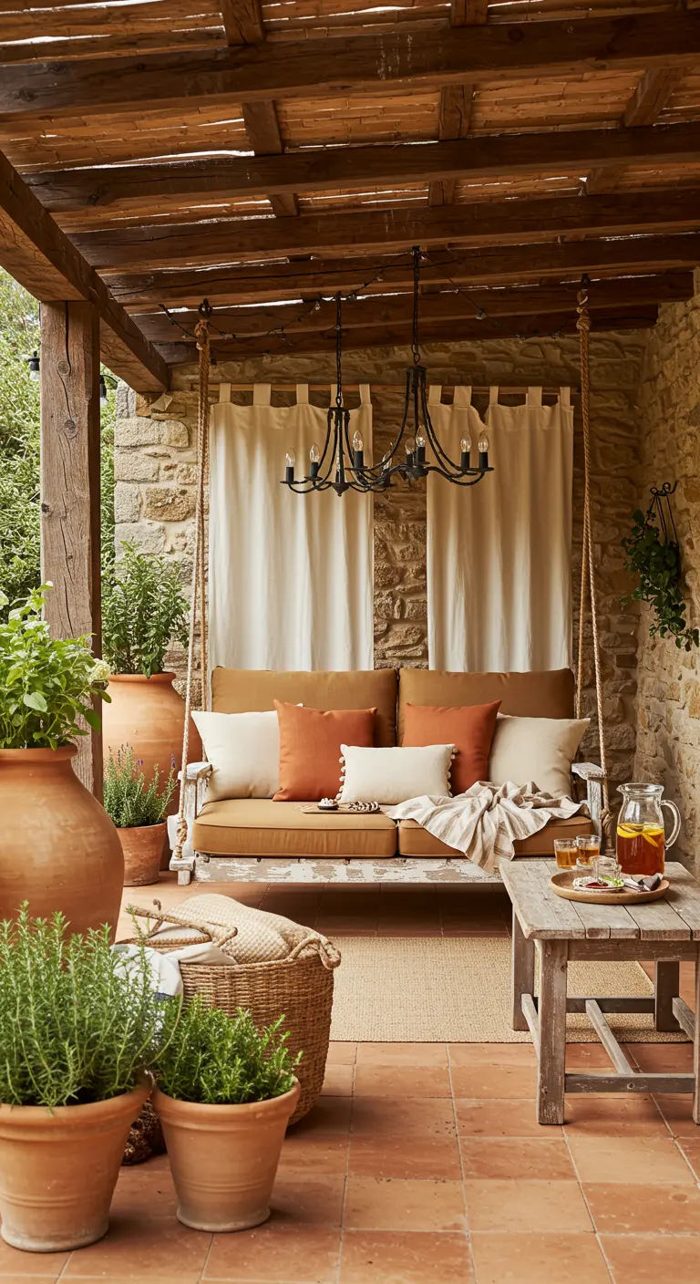 Houten schommelbank met aardetinten kussens onder een houten pergola met linnen doeken en zwarte lantaarns, omringd door terracotta potten met planten.