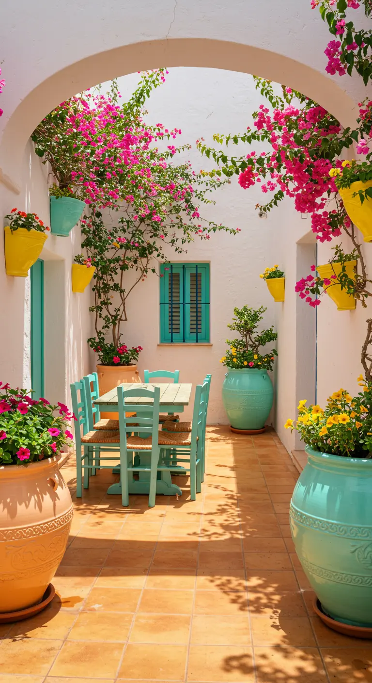 Mediterrane patio met witte muren, turquoise ramen, pastelkleurige potten, fuchsia bloemen.