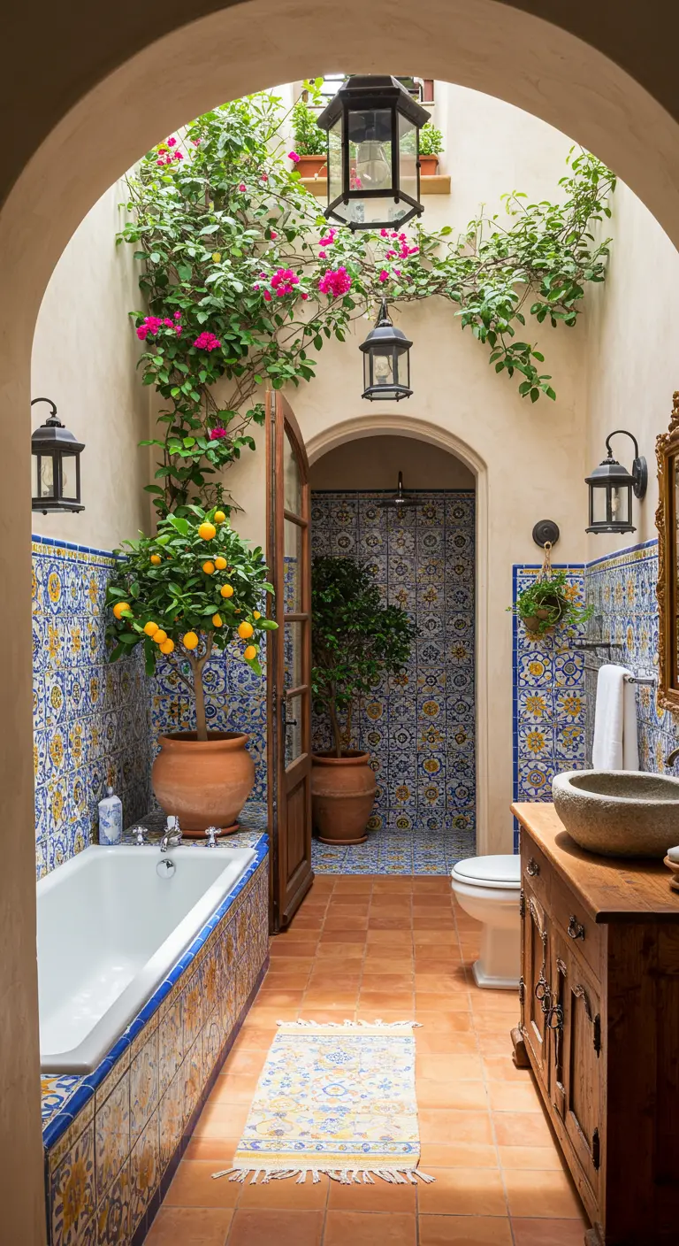Mediterrane badkamer met kleurrijke tegels, arcade-doorgang, citrusbomen in potten en terracotta vloer.