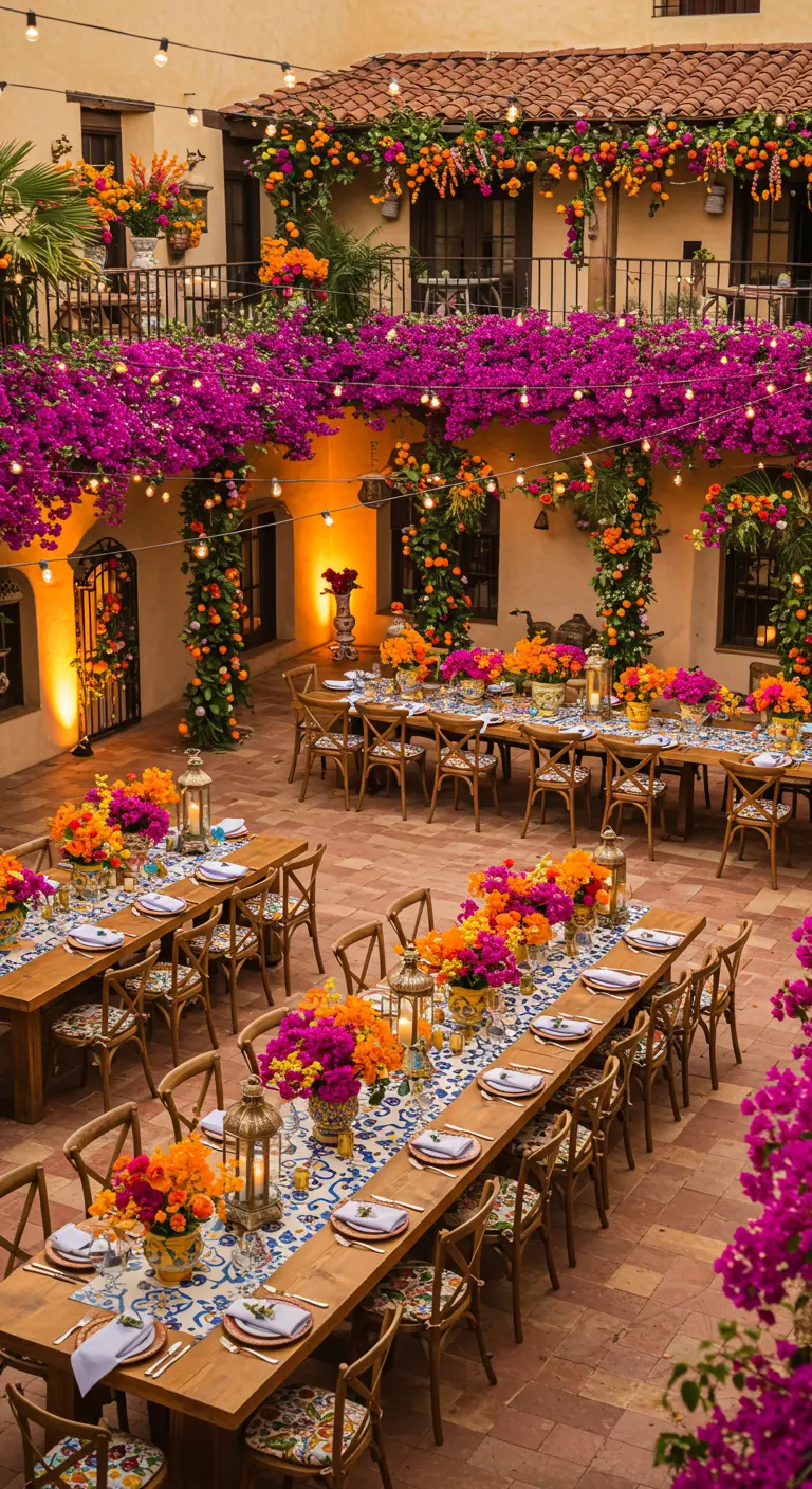 Bruiloftsdiner in binnenplaats met paarse bougainvillea en kleurrijke bloemen