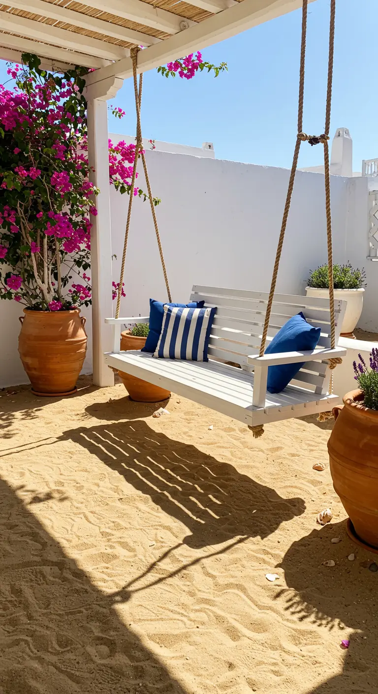 Witte houten schommelbank met blauw gestreepte kussens, bougainvillea en terracotta potten op zand.
