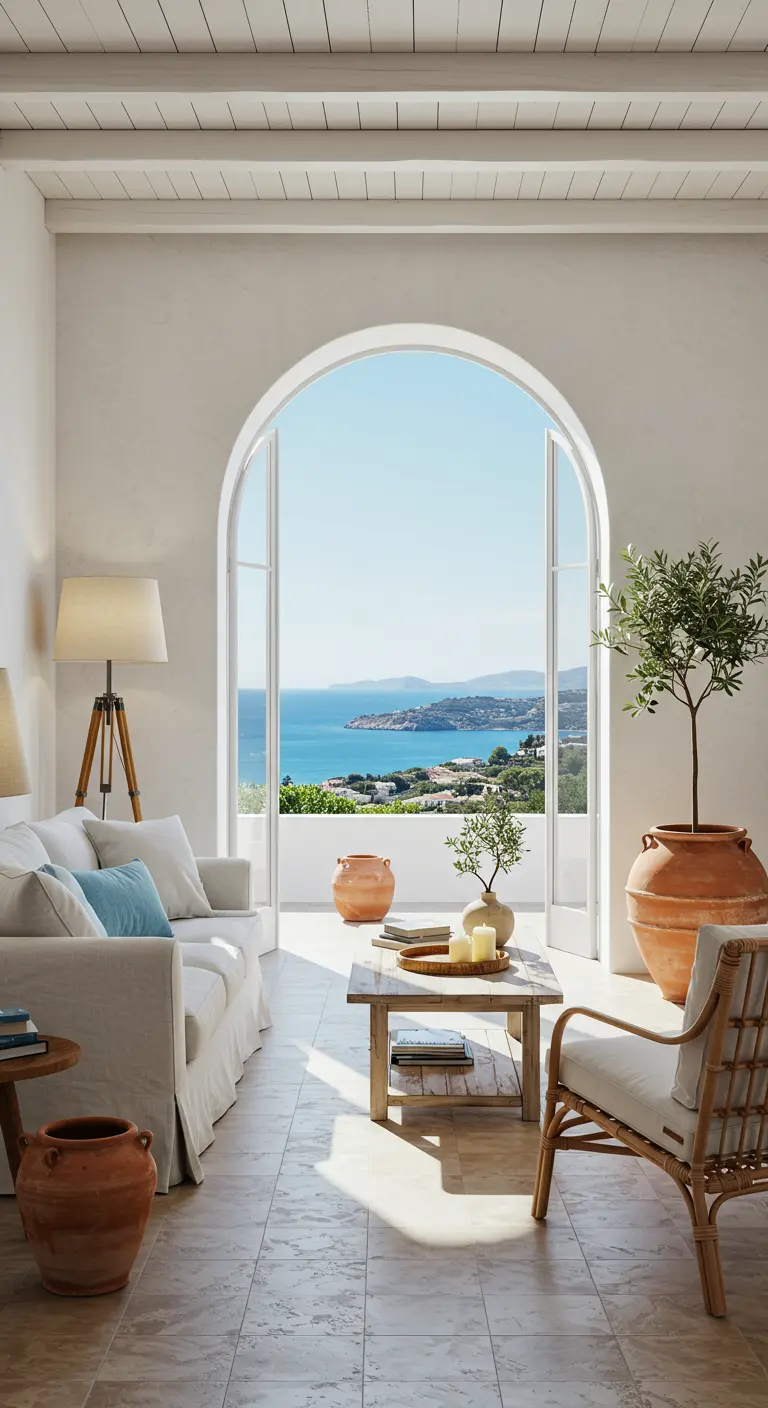 Lichte woonkamer in mediterrane stijl met witte bank, blauwe accenten en uitzicht op zee.