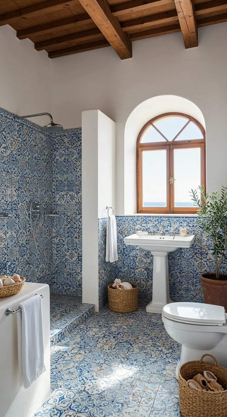 Mediterrane badkamer met blauw-gele patroontegels en boograam