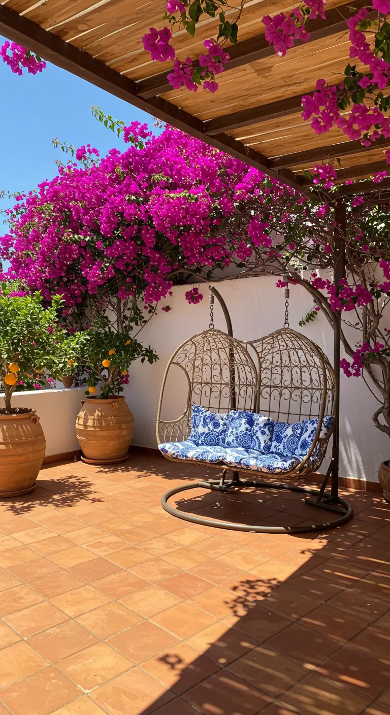 Dubbele rieten hangstoel met blauwwitte kussens onder bloeiende bougainvillea op terracottaterras.