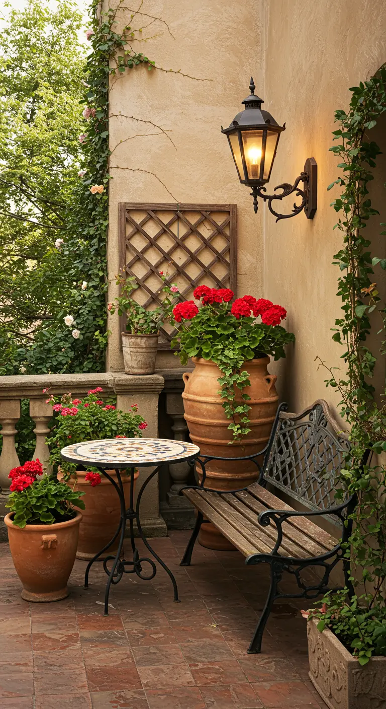 Balkon in mediterrane stijl met smeedijzeren bank, mozaïek tafel, terracotta potten en wandlamp.