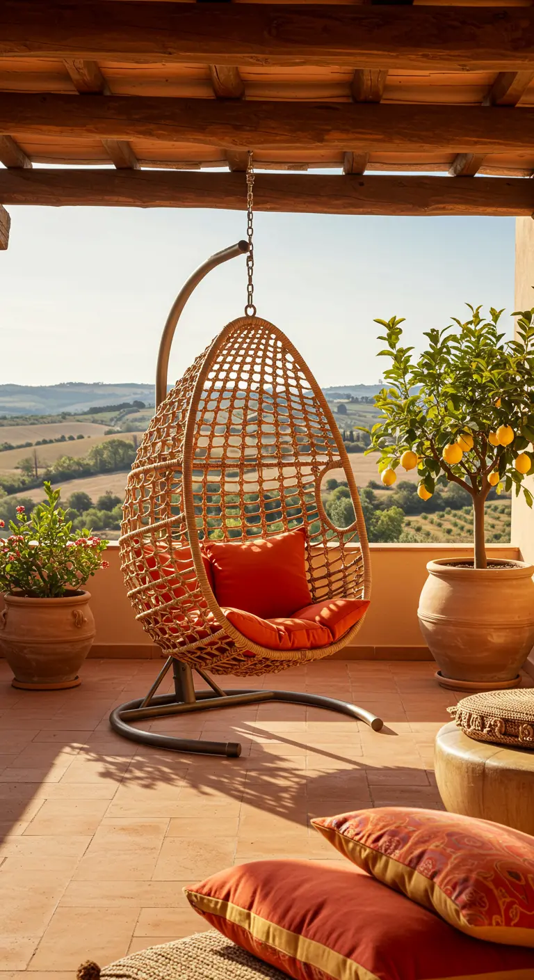 Rotan-look eihangstoel op standaard met oranje kussen op een zonnig terras.