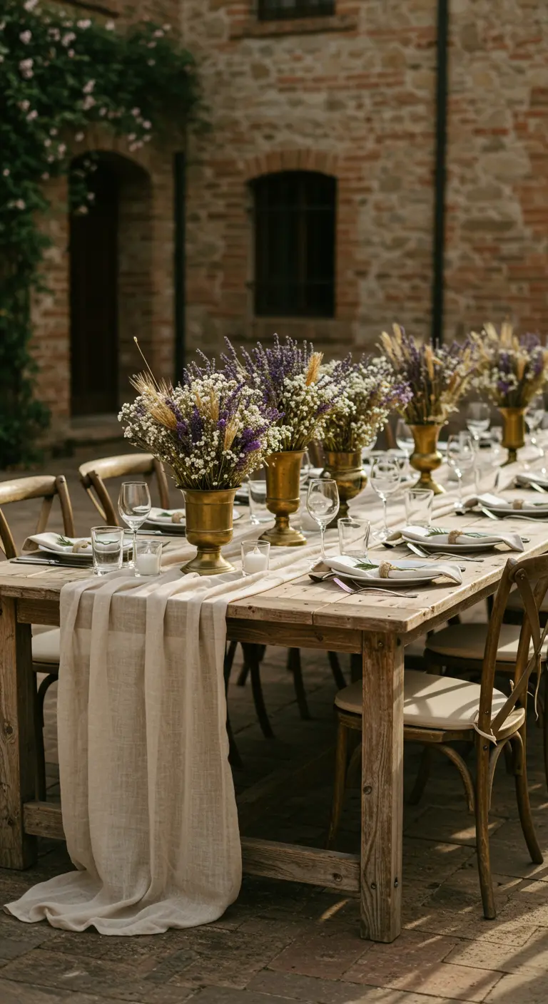 Lange houten bruiloftstafel met linnen loper en droogbloemen in gouden vazen.
