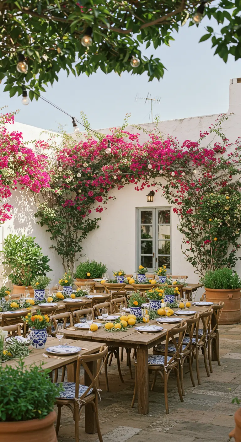 Binnenplaats met houten tafels, citroenen, blauw-wit servies en roze bougainvillea.