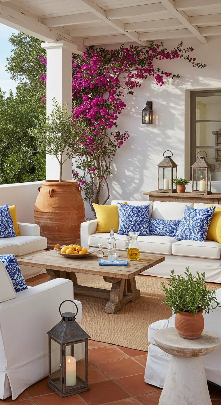 Mediterrane veranda lounge met witte banken, blauw-gele kussens, bougainvillea en terracotta potten.