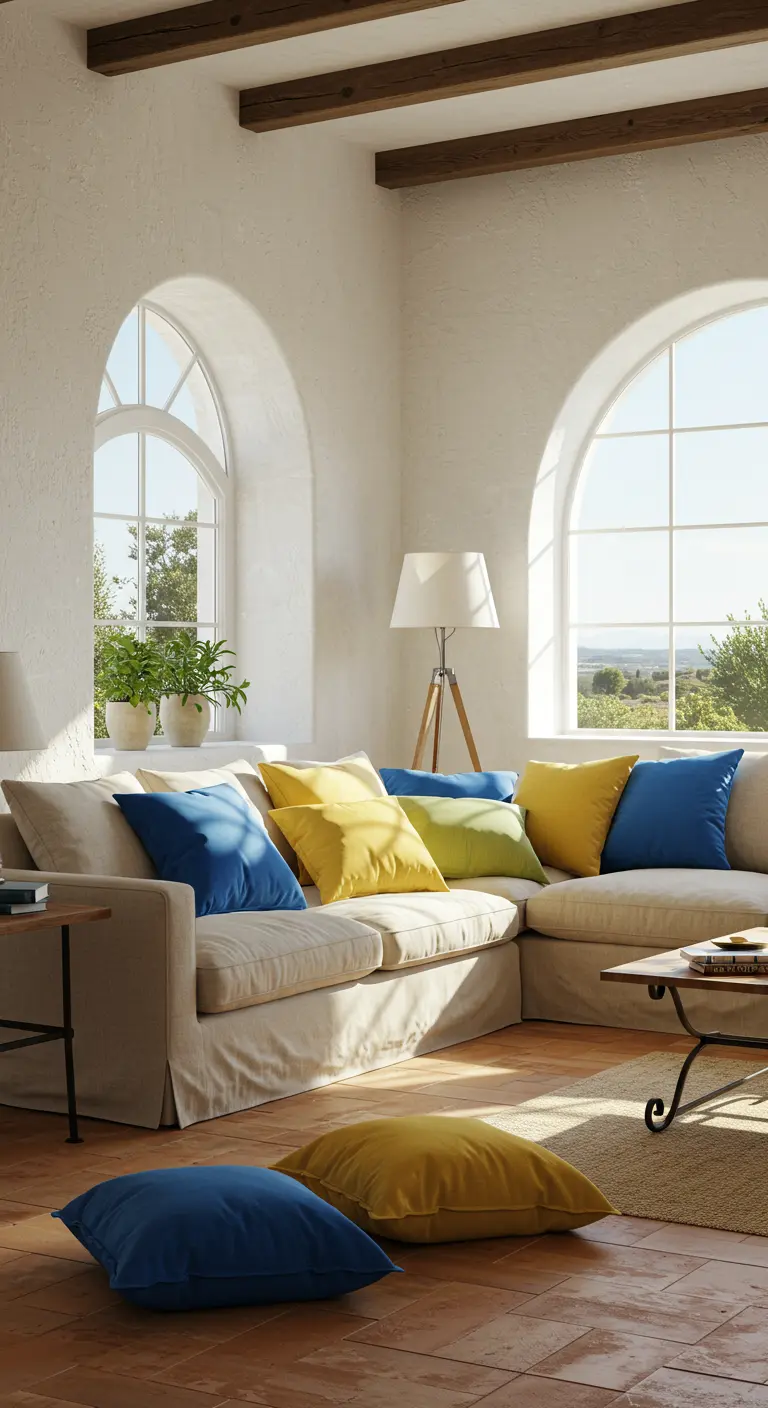 Witte bank met gele, blauwe en groene kussens in een Mediterrane woonkamer met boogramen.