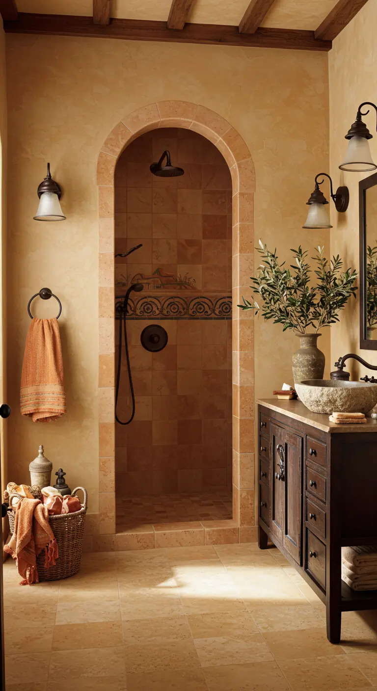 Douche in mediterrane stijl met boogvormige ingang en aardetinten.