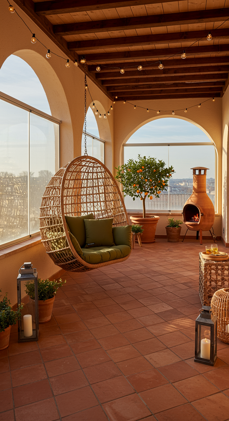 Rotan hangstoel op overdekt terras met terracotta tegels, sinaasappelboom, chiminea en lantaarns.